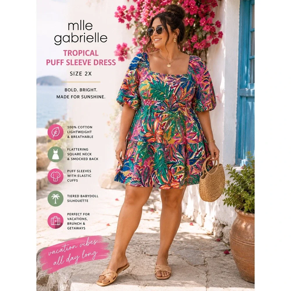 Mlle Gabrielle 2X Tropical Leaf Print Mini Dress Cottagecore Resort